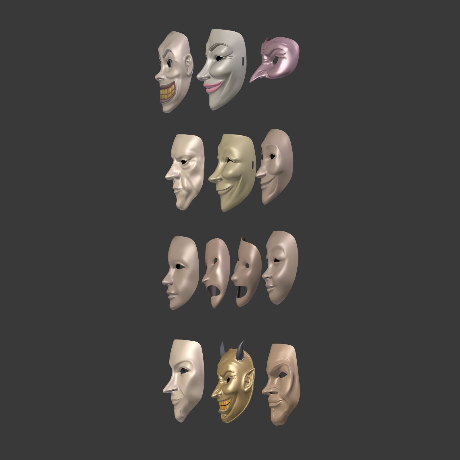 Masks Pack -- Theater Asian African Neutral Anonymous Woman Man Low-poly 3D model_30
