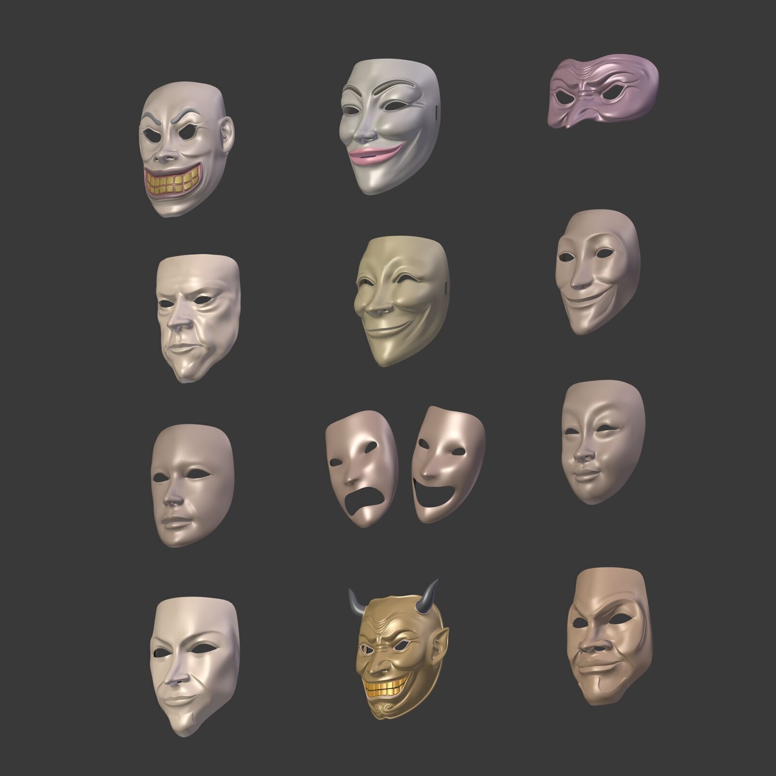 Masks Pack -- Theater Asian African Neutral Anonymous Woman Man Low-poly 3D model_27