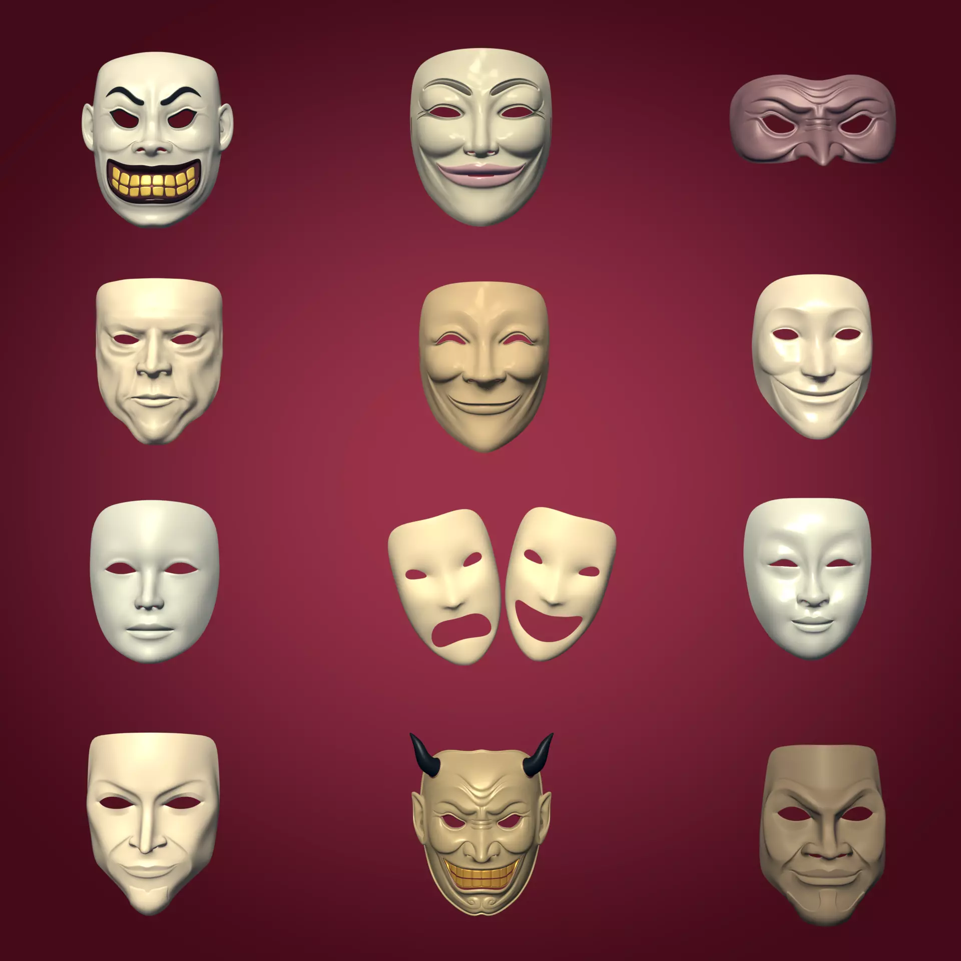 Masks Pack -- Theater Asian African Neutral Anonymous Woman Man Low-poly 3D model_0