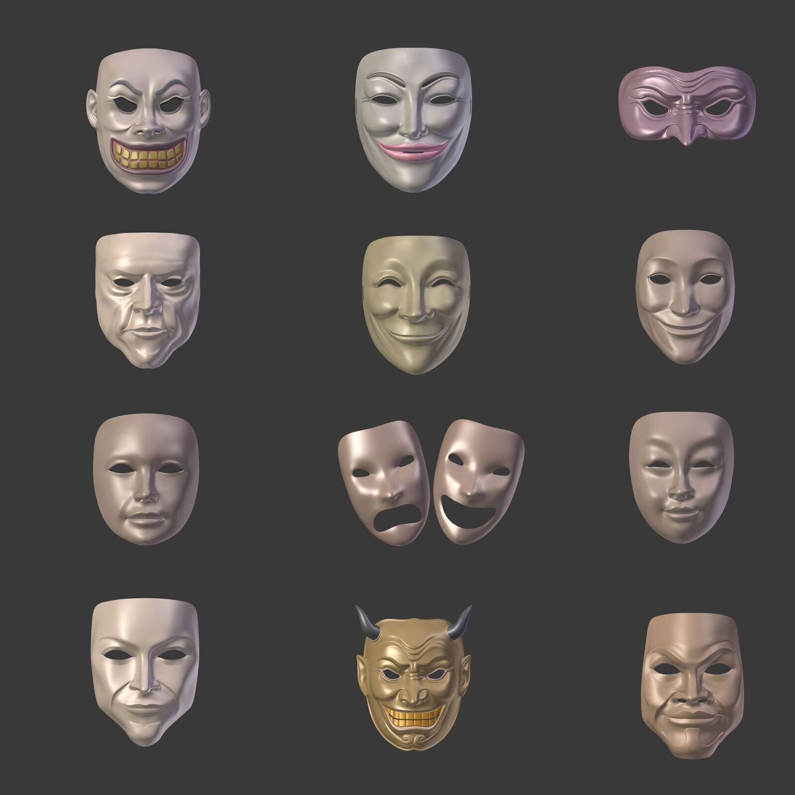 Masks Pack -- Theater Asian African Neutral Anonymous Woman Man Low-poly 3D model_1