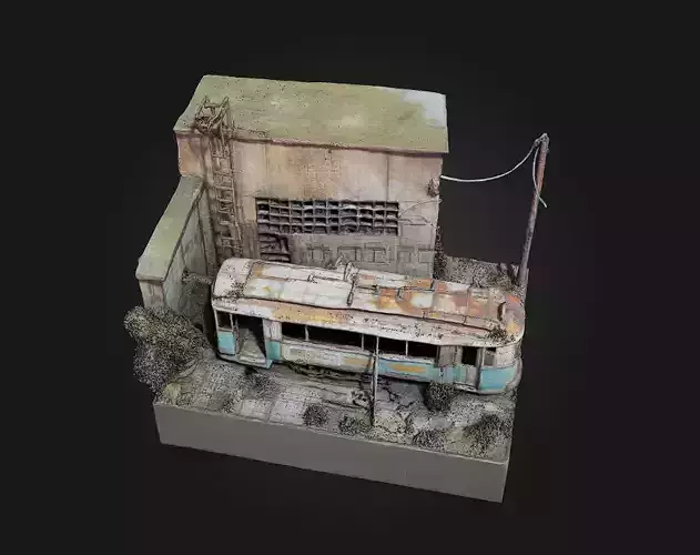 Abandoned Tram Diorama Rusted Memories on Forgotten Rails 3D model