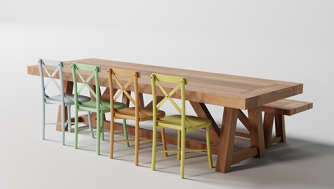 Wood Table and Chairs 3D model 7