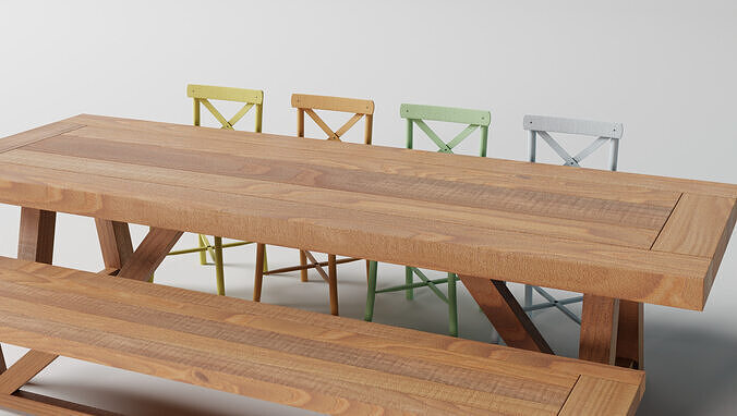 Wood Table and Chairs 3D model 6