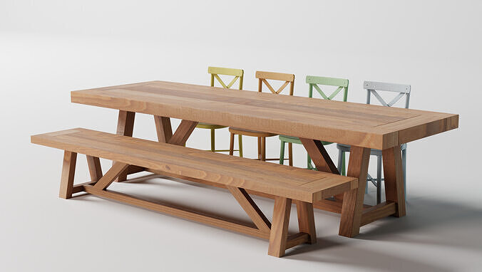 Wood Table and Chairs 3D model 2