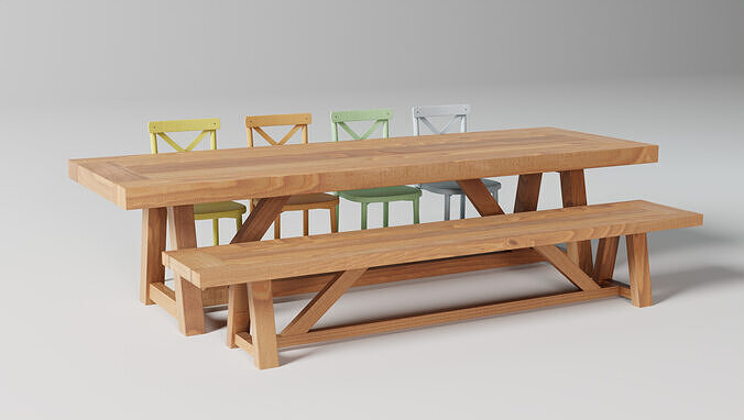 Wood Table and Chairs 3D model 5