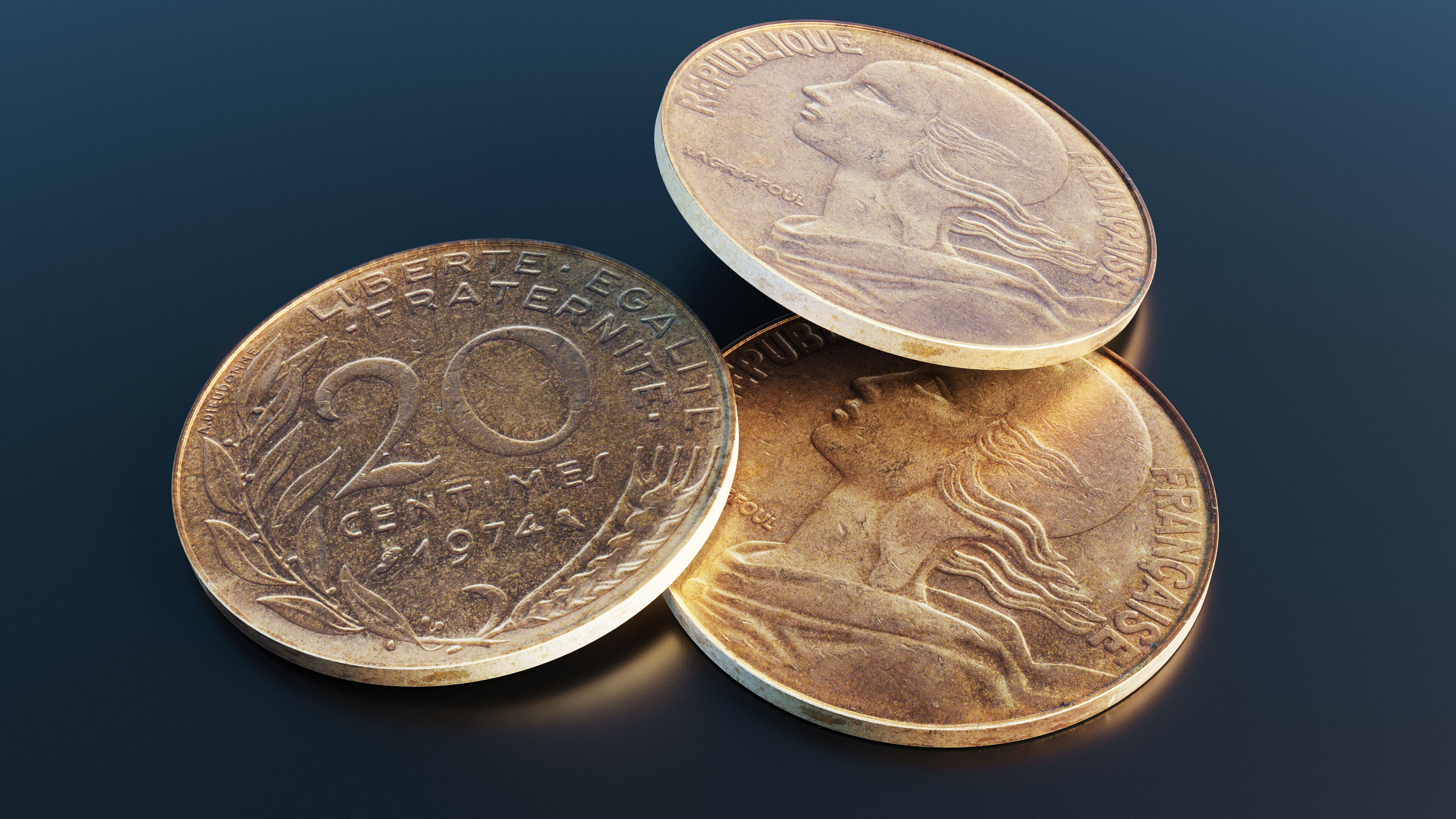 French 20 centimes coin Low-poly 3D model_9