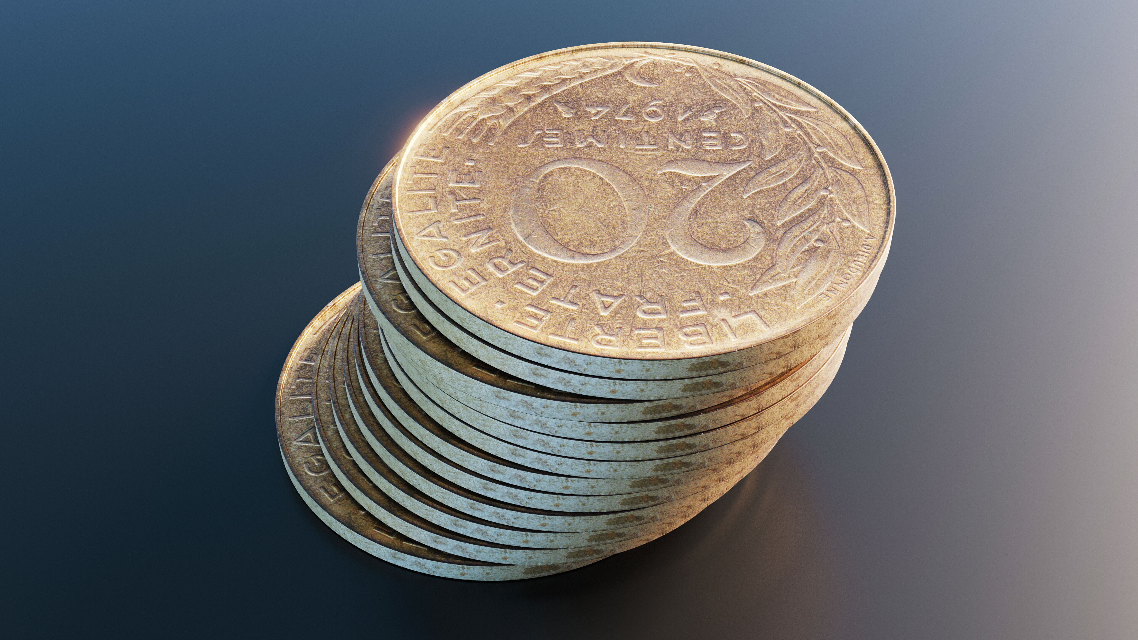 French 20 centimes coin Low-poly 3D model_5