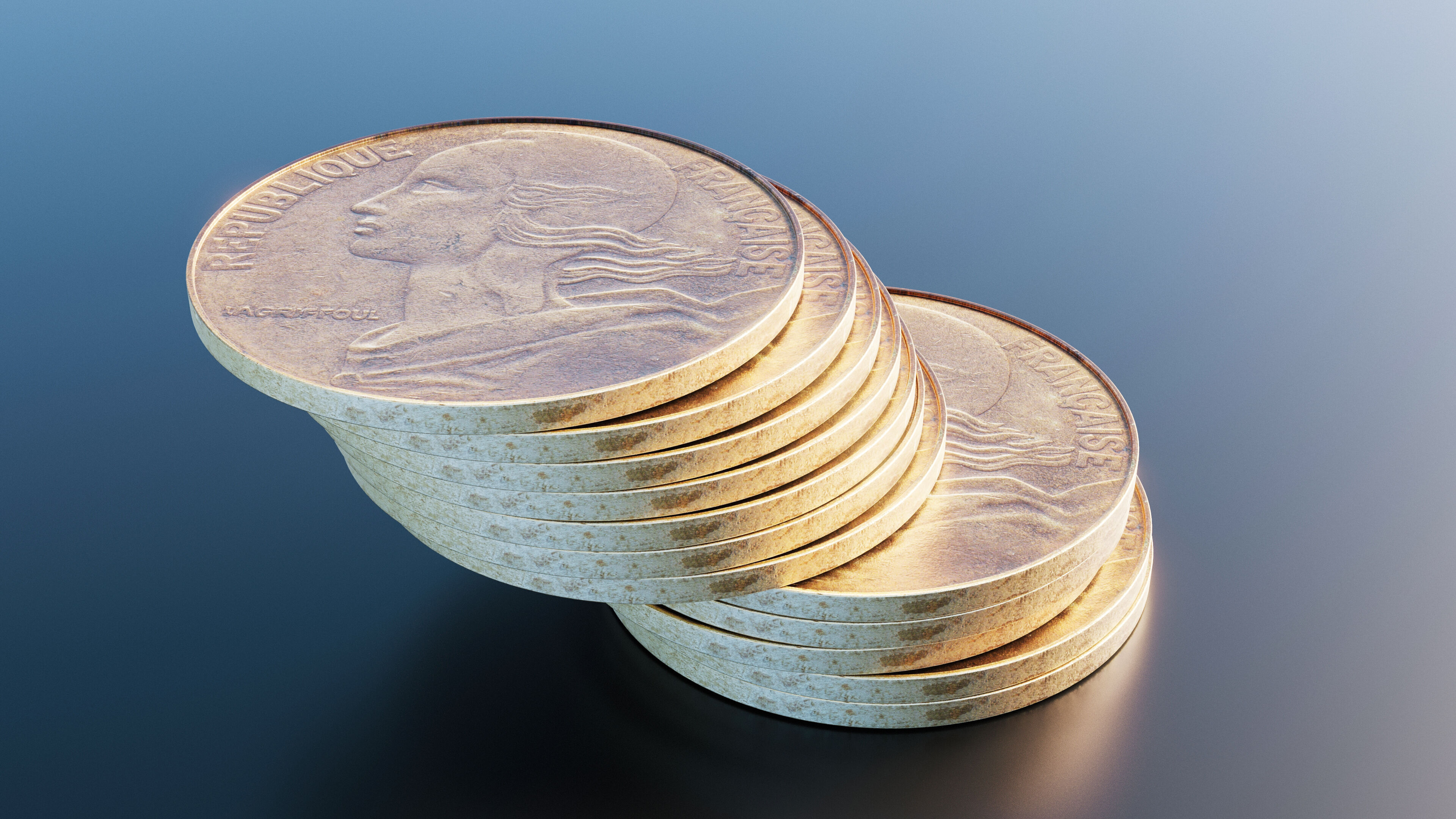 French 20 centimes coin Low-poly 3D model_7