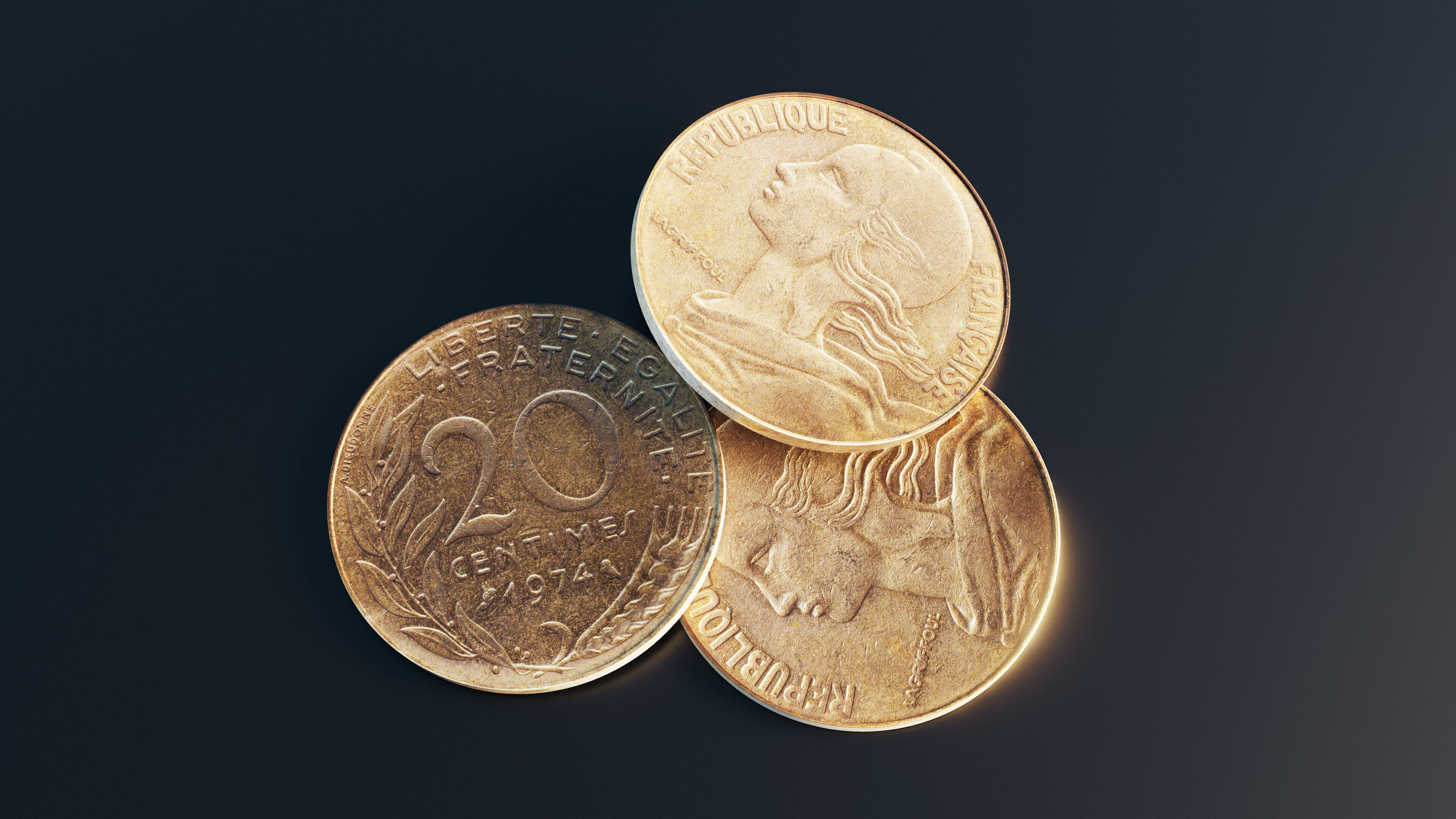 French 20 centimes coin Low-poly 3D model_10