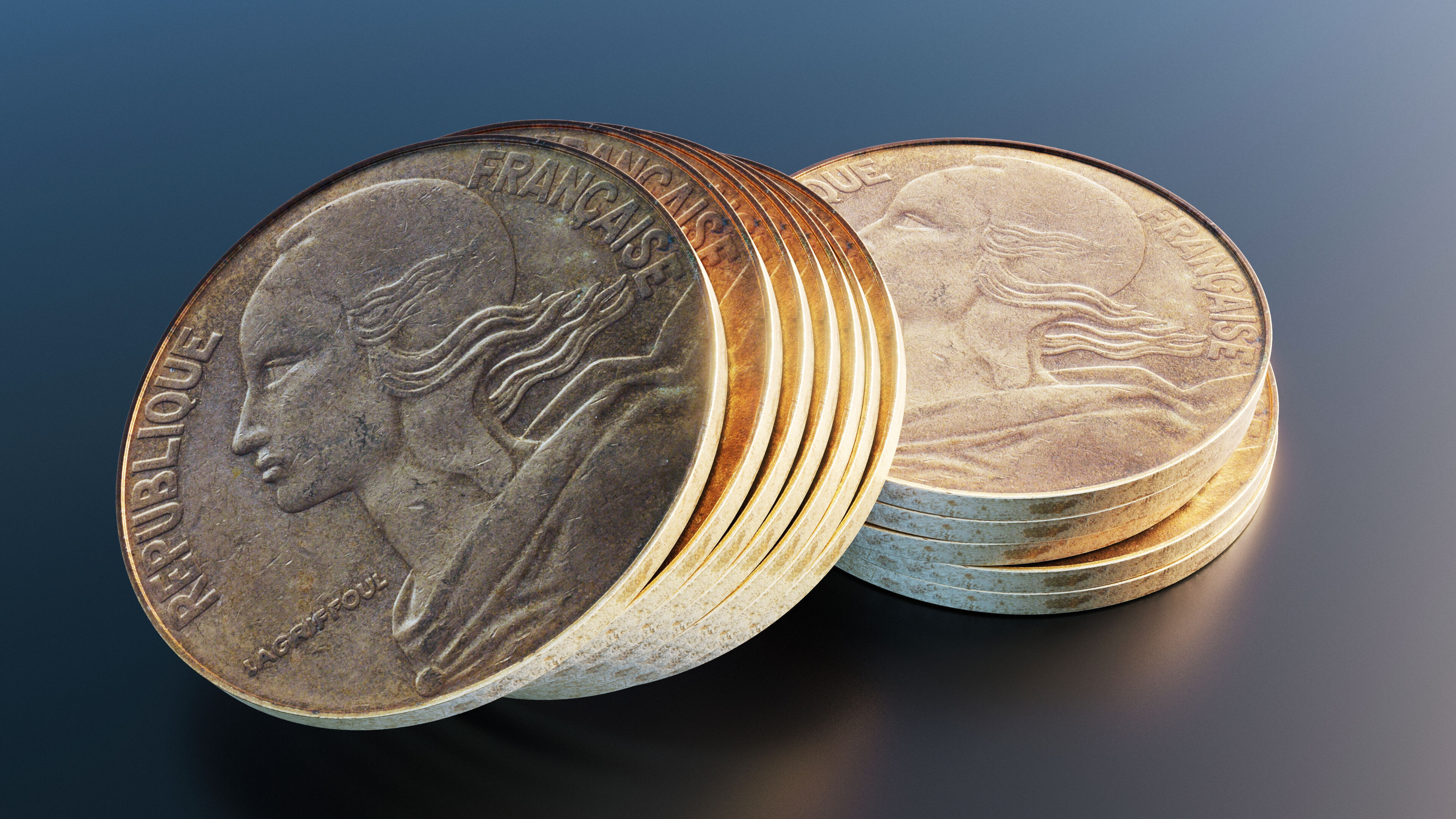 French 20 centimes coin Low-poly 3D model_8
