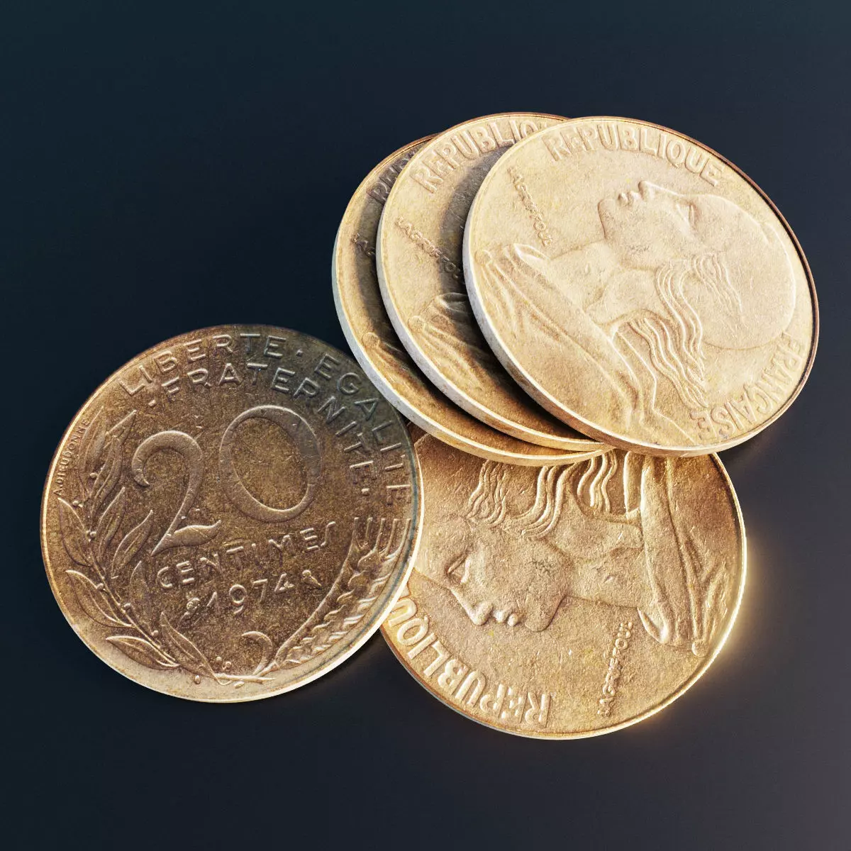 French 20 centimes coin Low-poly 3D model_0