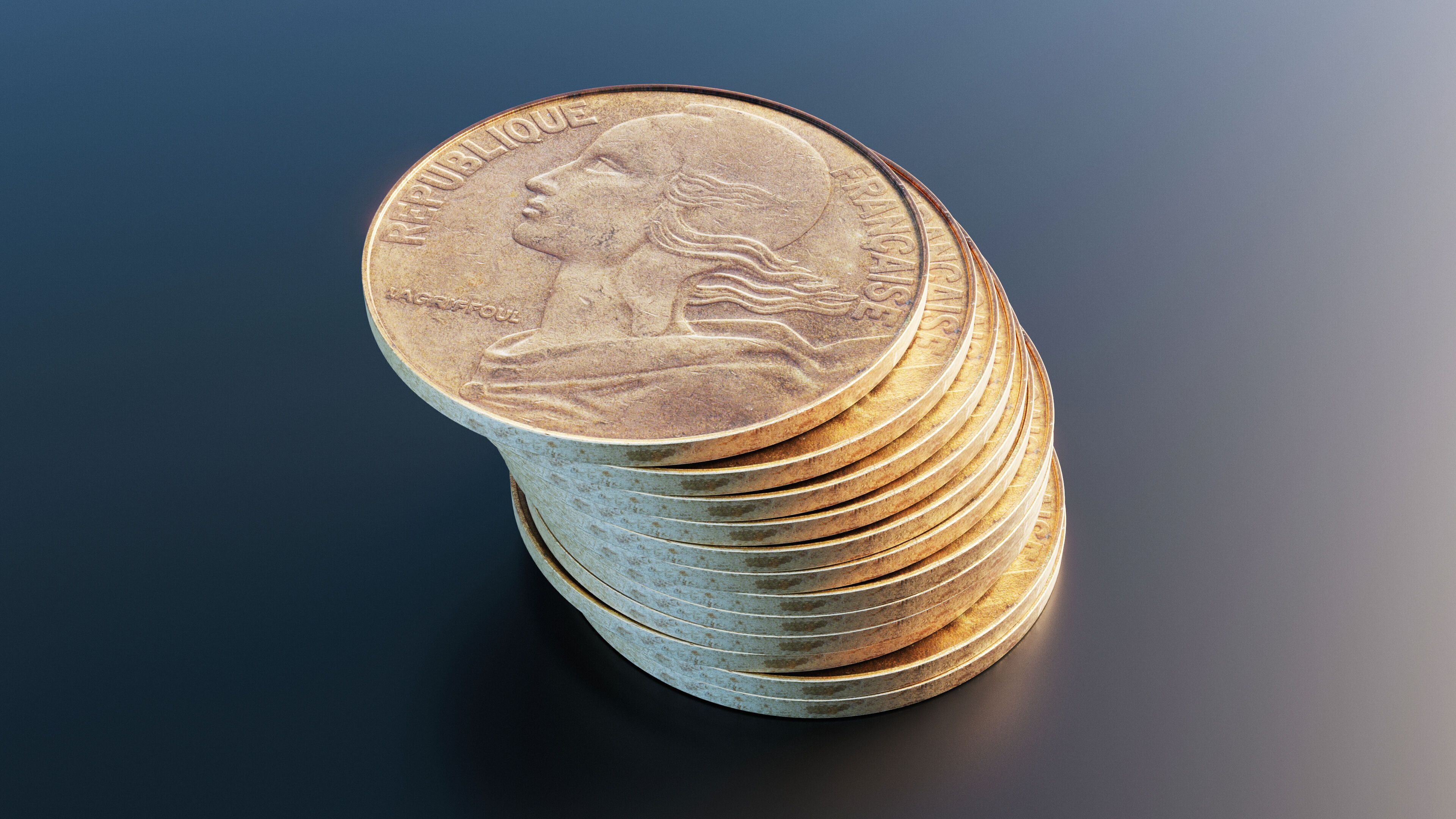 French 20 centimes coin Low-poly 3D model_6