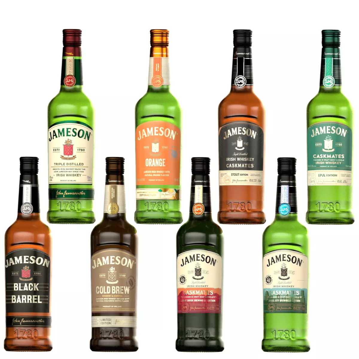 8 Jameson Whiskey Alcohol Bottles Low-poly 3D model