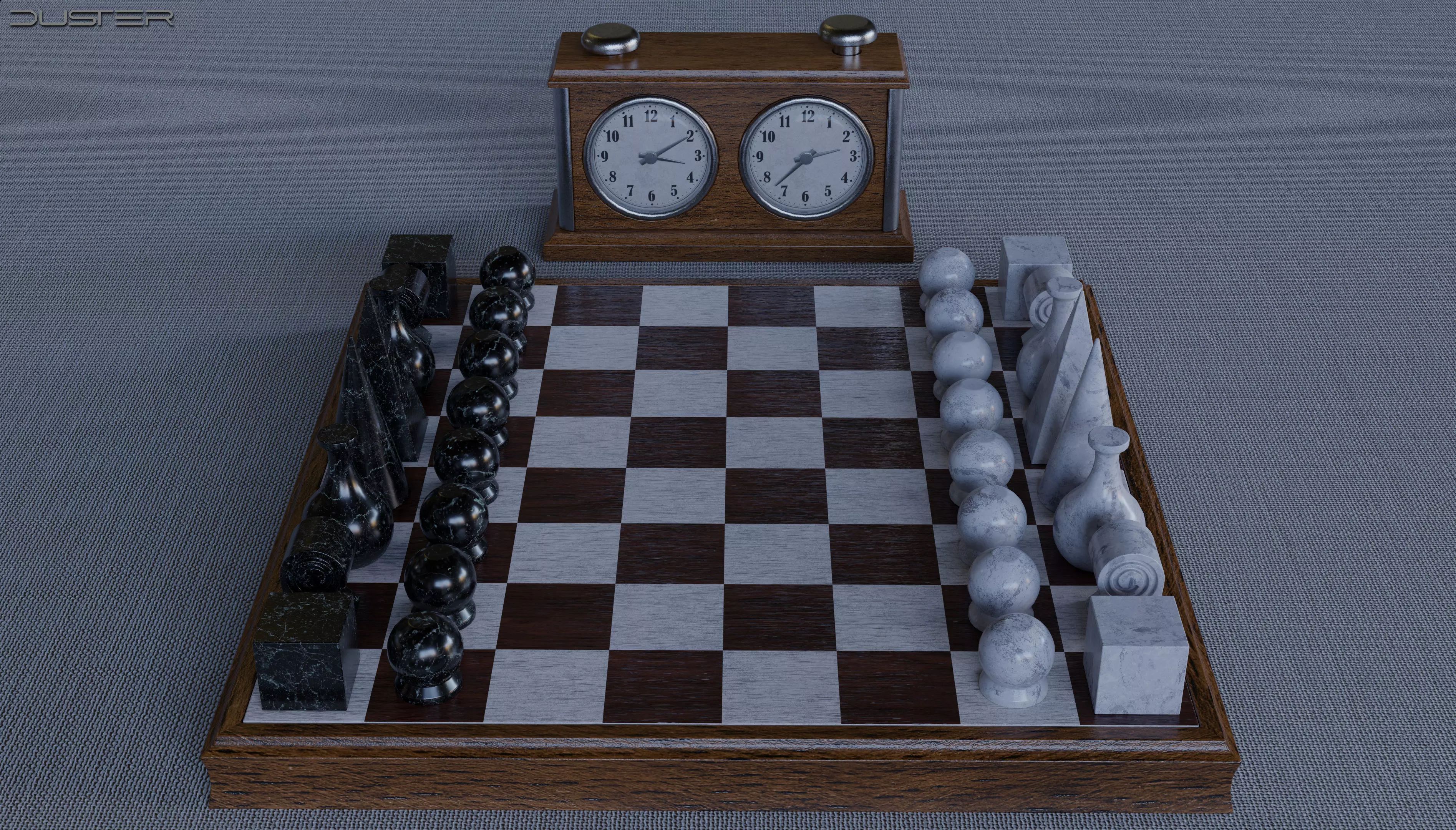 Vintage Chess Set and Clock Low-poly 3D model_0