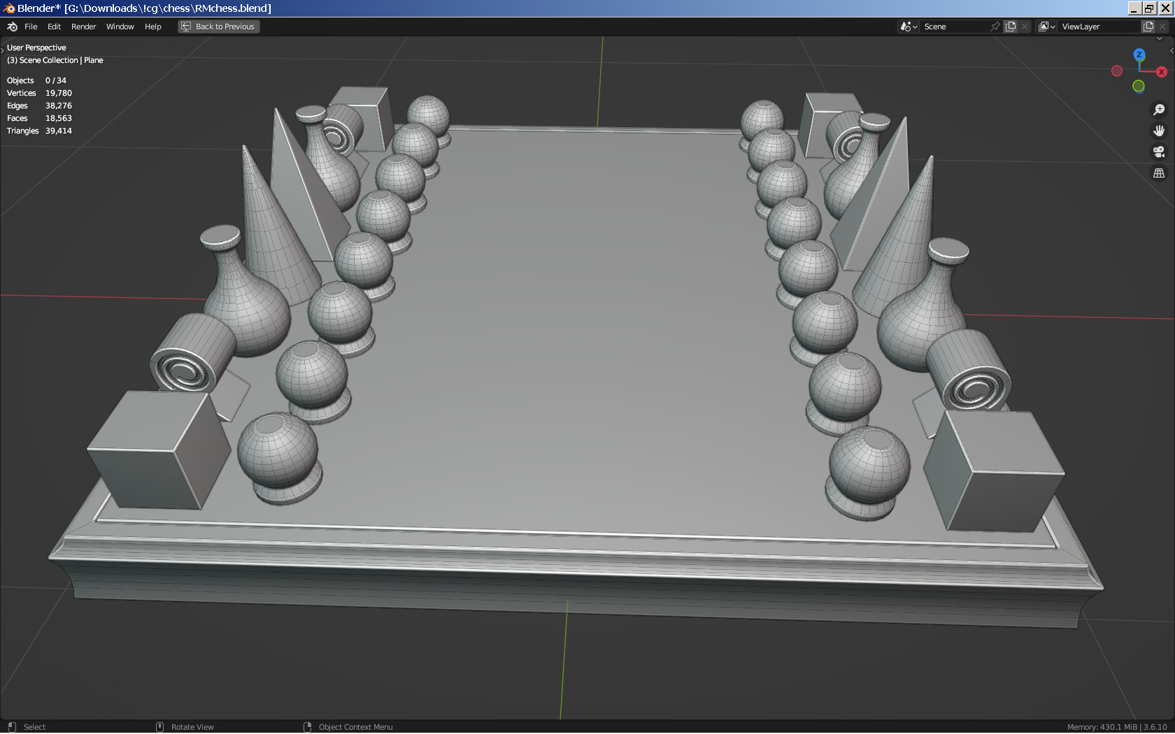 Vintage Chess Set and Clock Low-poly 3D model_5