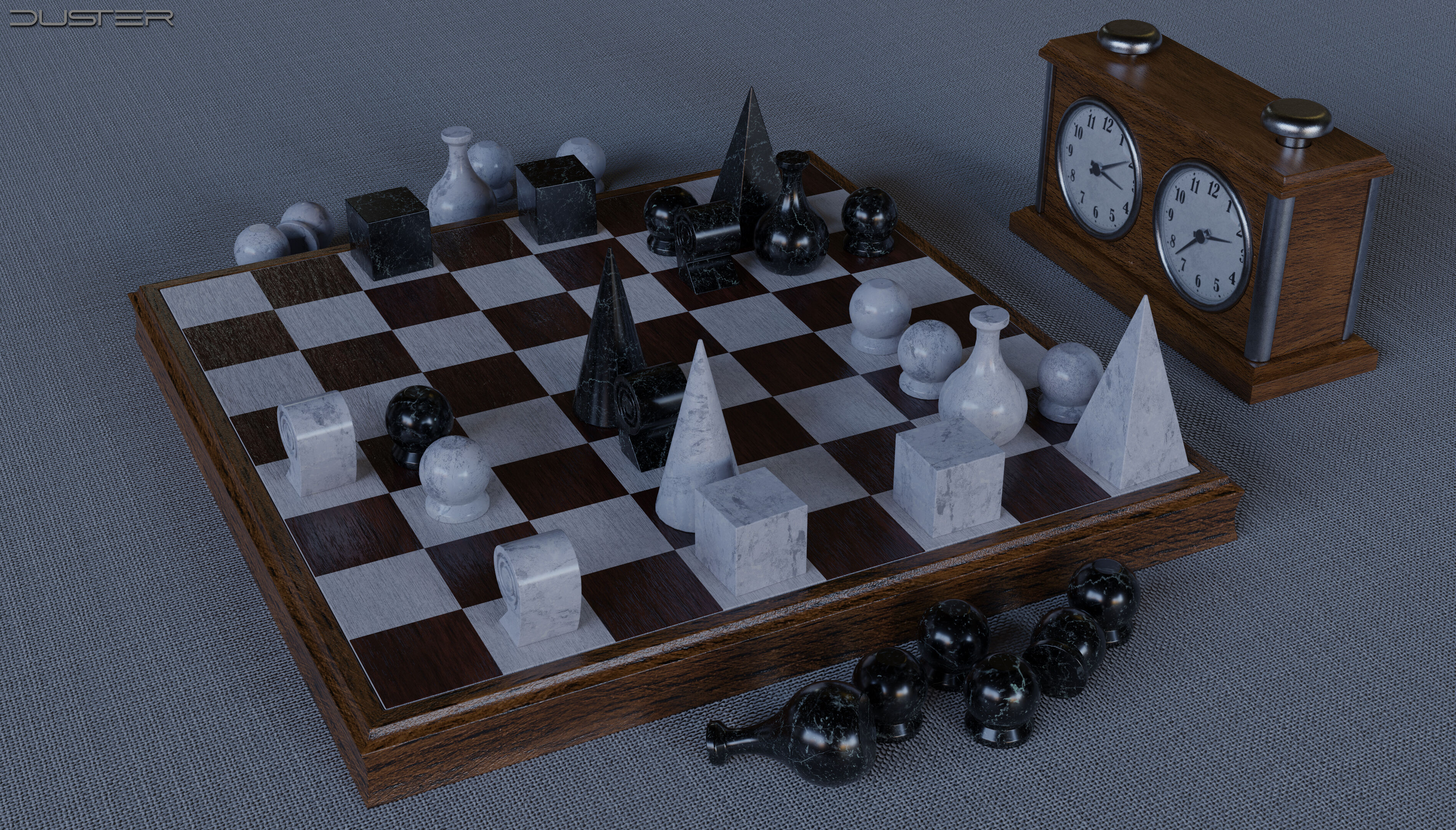 Vintage Chess Set and Clock Low-poly 3D model_1