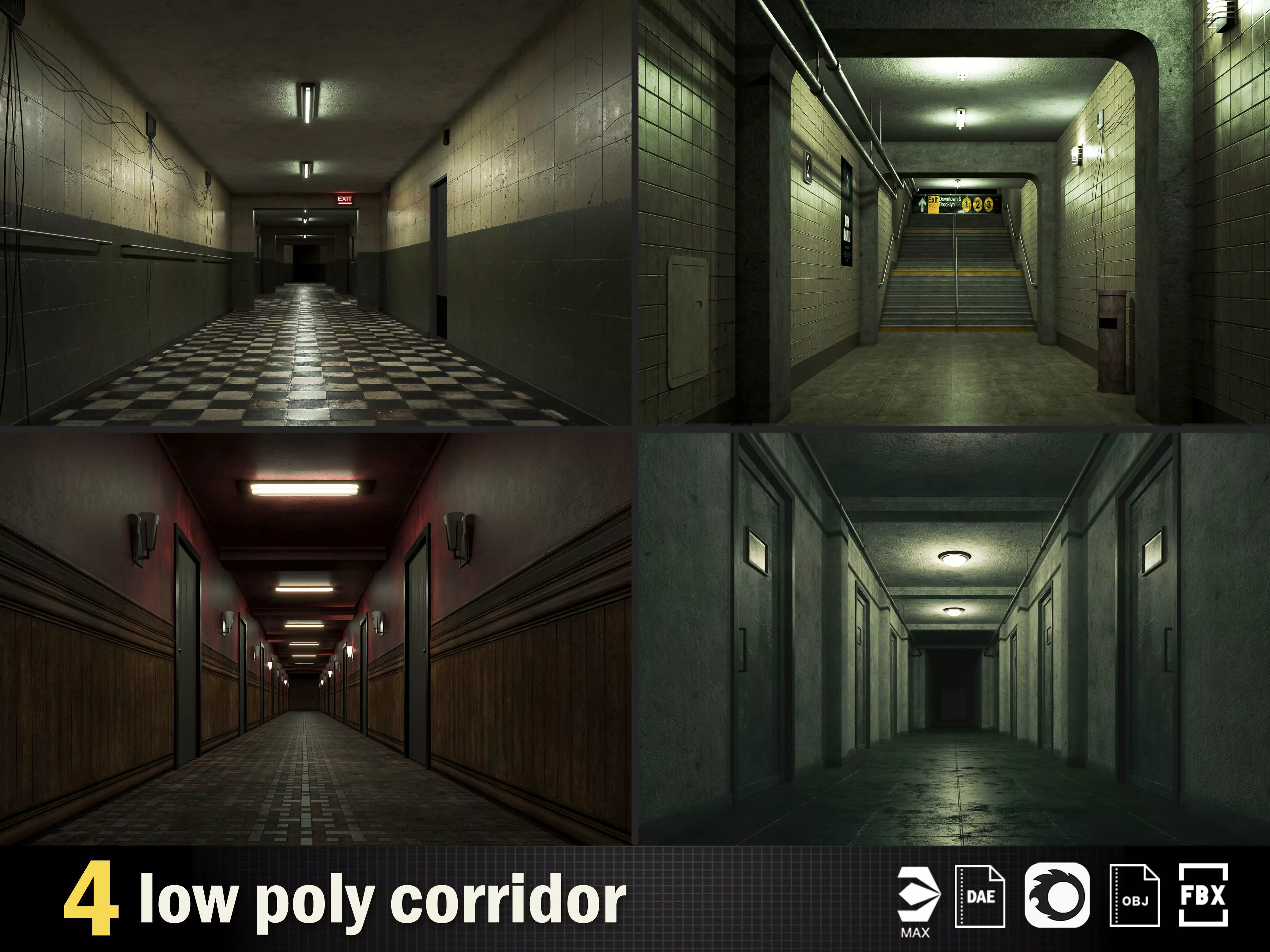 4 most popular low poly dark horror corridor Vol 03 3D Model Pack
