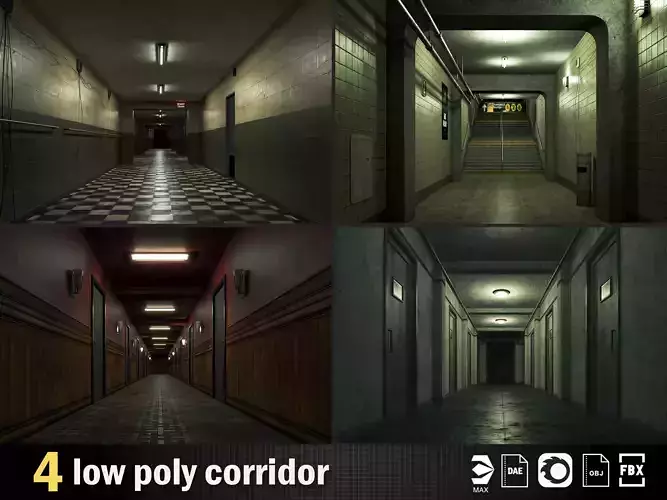 4 most popular low poly dark horror corridor Vol 03 3D Model Collection