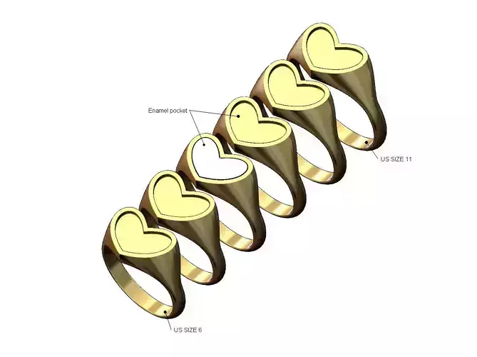 Enamel elongated heart signet ring US sizes 6to11