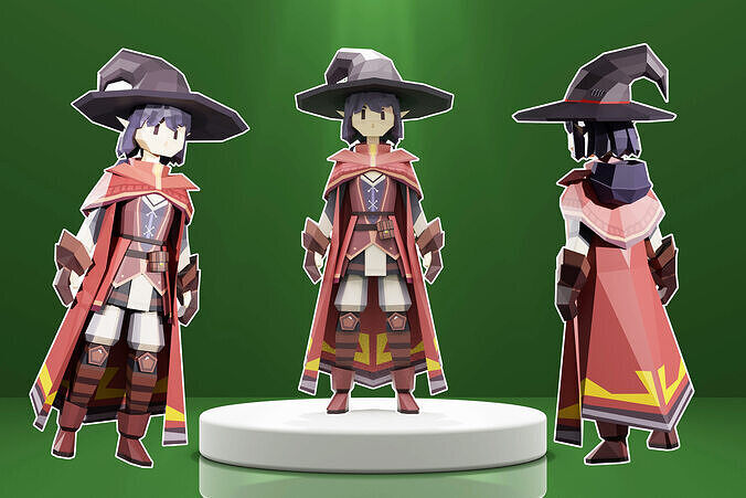 Low Poly Witch in Red Low-poly 3D model