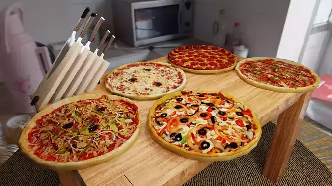 Realistic 5 Pizzas Pack Set on Wooden Table Low-poly 3D model