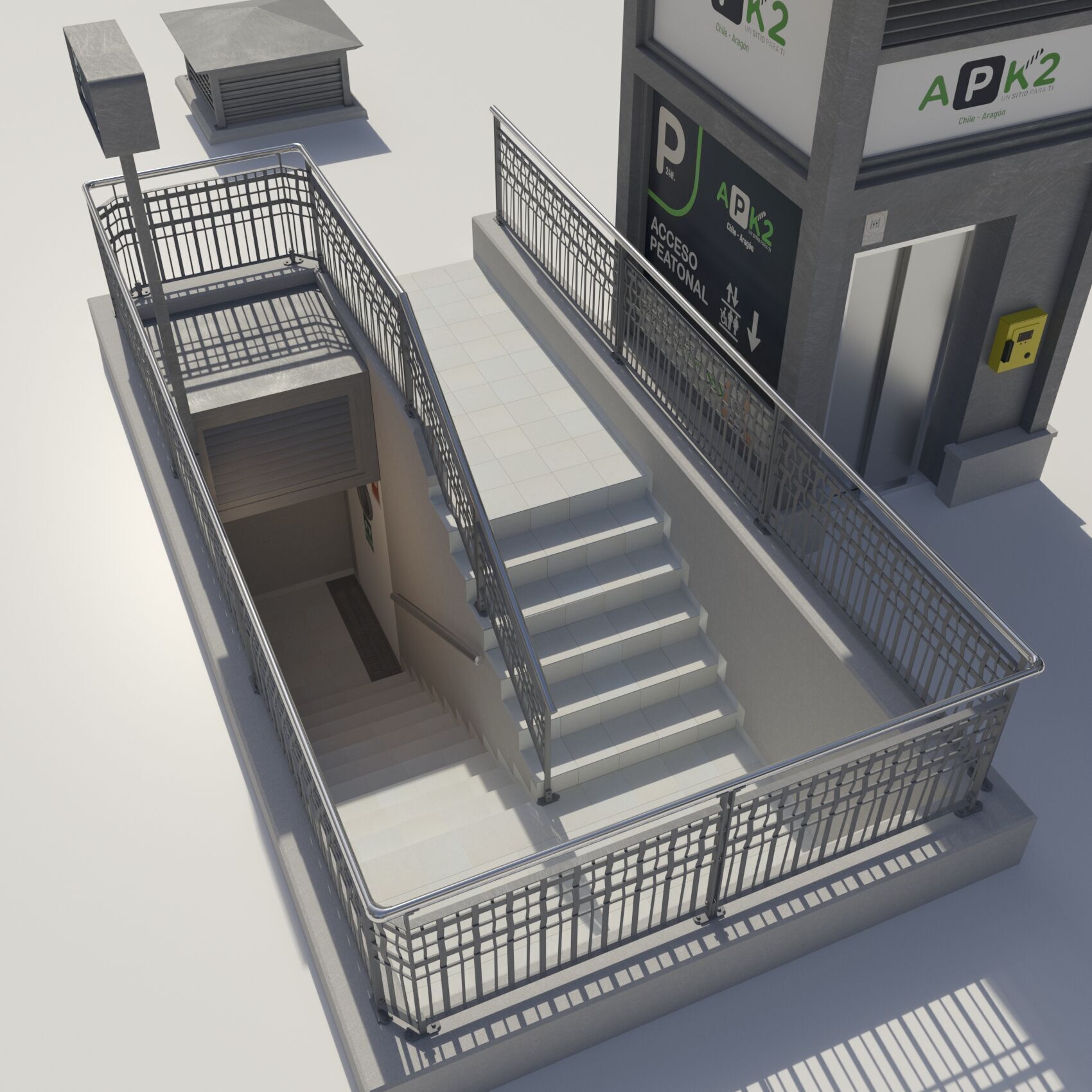Underground entrance to the parking with stairs and elevator 3D model_2