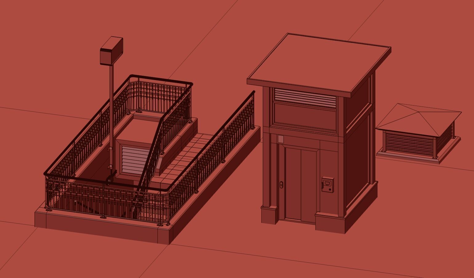 Underground entrance to the parking with stairs and elevator 3D model_10