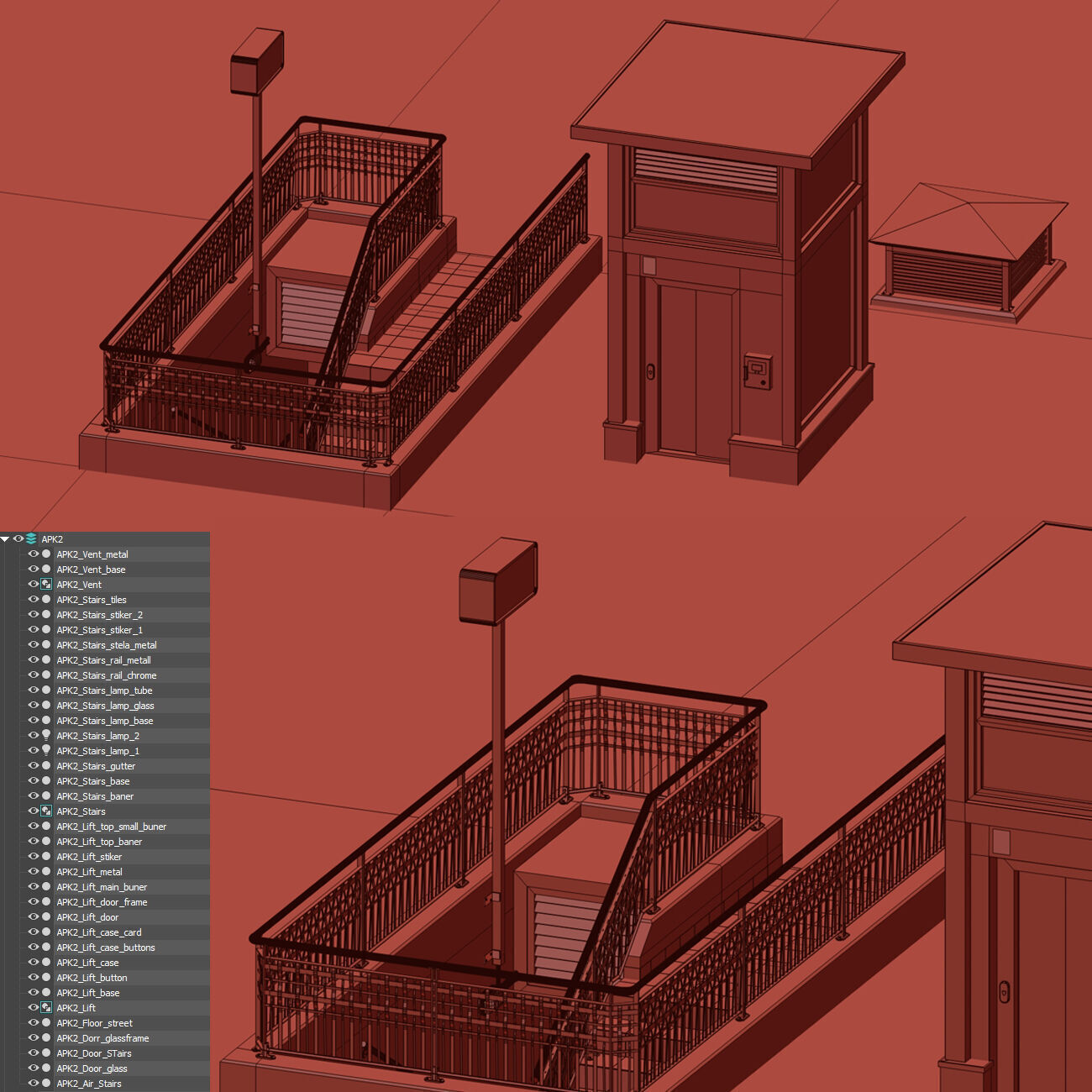 Underground entrance to the parking with stairs and elevator 3D model_9