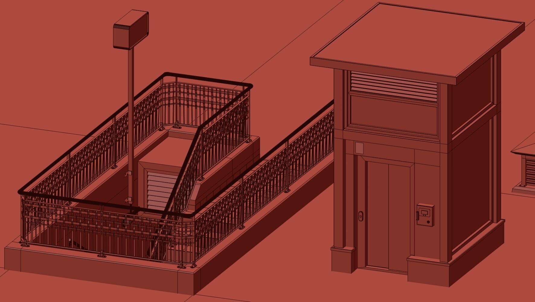 Underground entrance to the parking with stairs and elevator 3D model_11