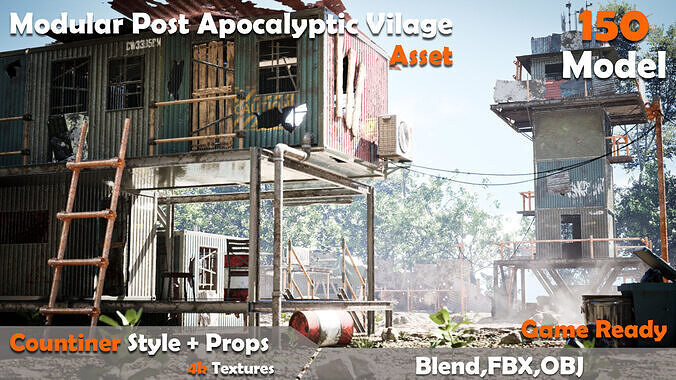 Modular Post Apocalyptic Village Asset Low-poly 3D model