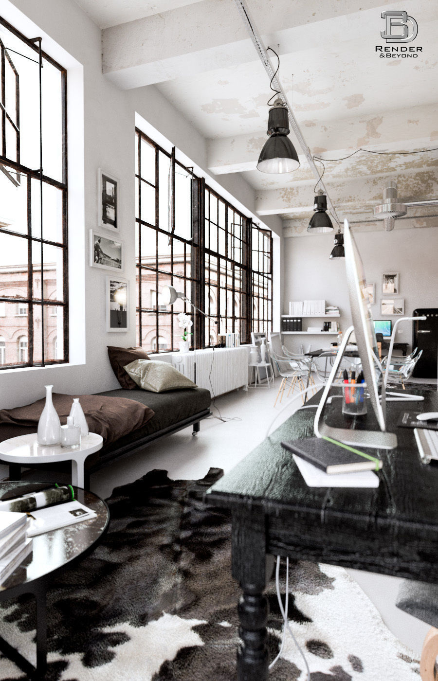 Workplace industrial style office with table and chairs 3D model_1