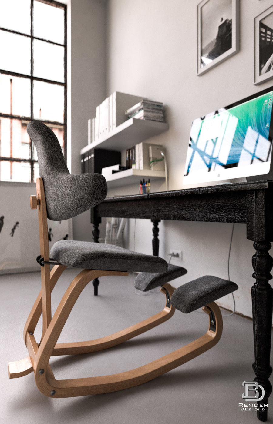 Workplace industrial style office with table and chairs 3D model_4