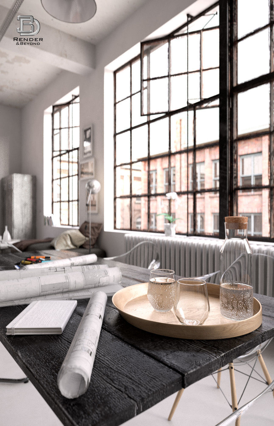 Workplace industrial style office with table and chairs 3D model_2