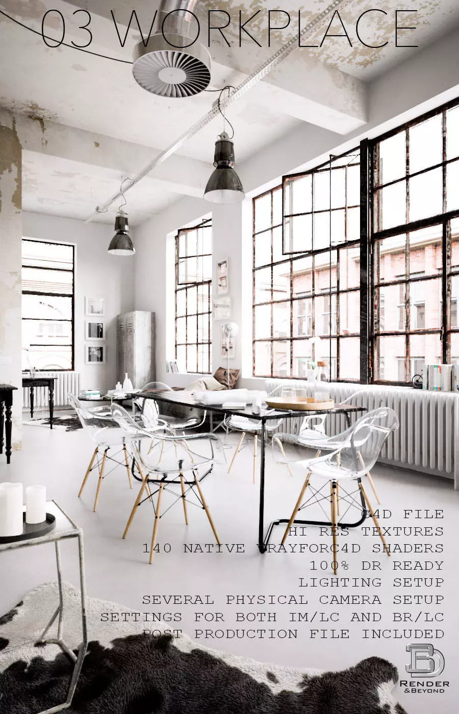 Workplace industrial style office with table and chairs 3D model_0