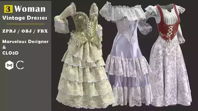 3 Woman Vintage Dress  Marvelous Designer and CLO3D 