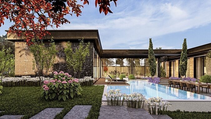 Luxury Villa Site Design Modern Residential Complex  Low-poly 3D model