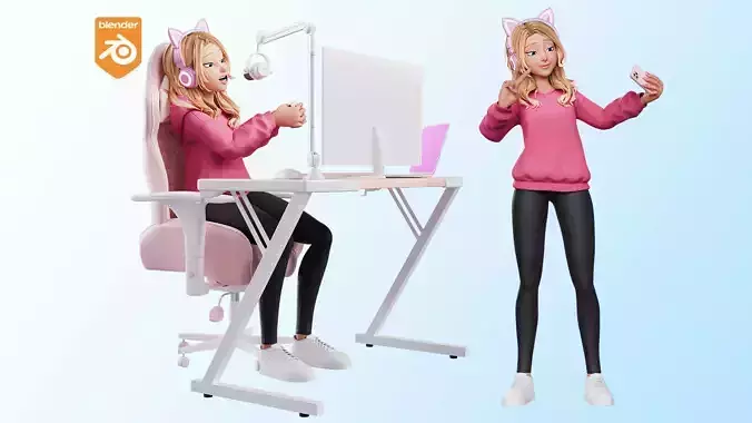 Gamer Streamer Cartoon White Woman Rigged 3D model