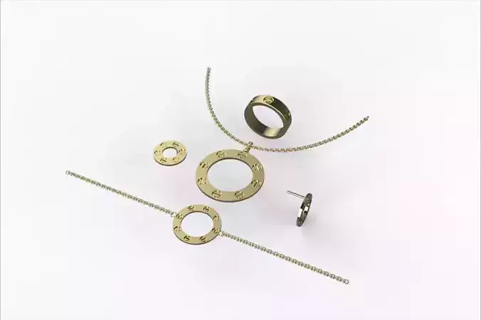  Gold Circle Jewelry Set 016 Ring Necklace Bracelet Earrings
