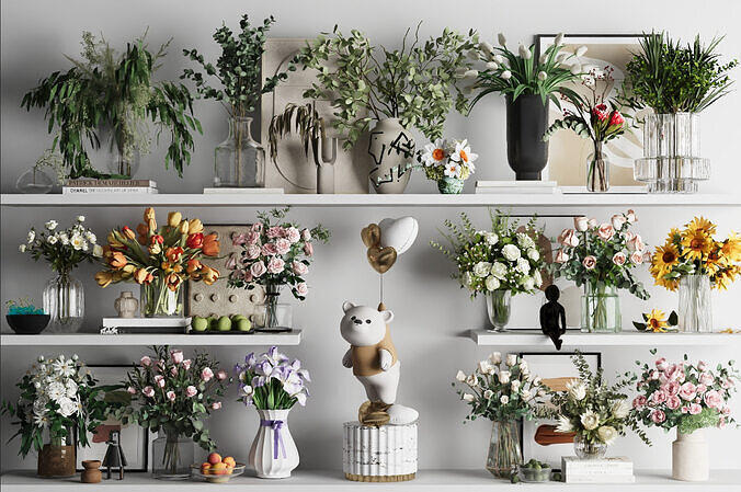 Vase floral arrangement with fresh flowers 3D model