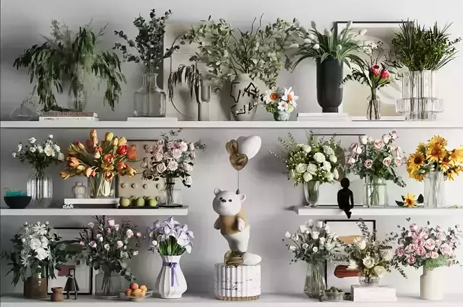 Vase floral arrangement with fresh flowers 3D model