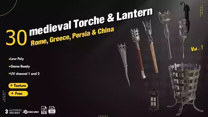 30 Medieval Torches  Lantern   Low-poly 3D model