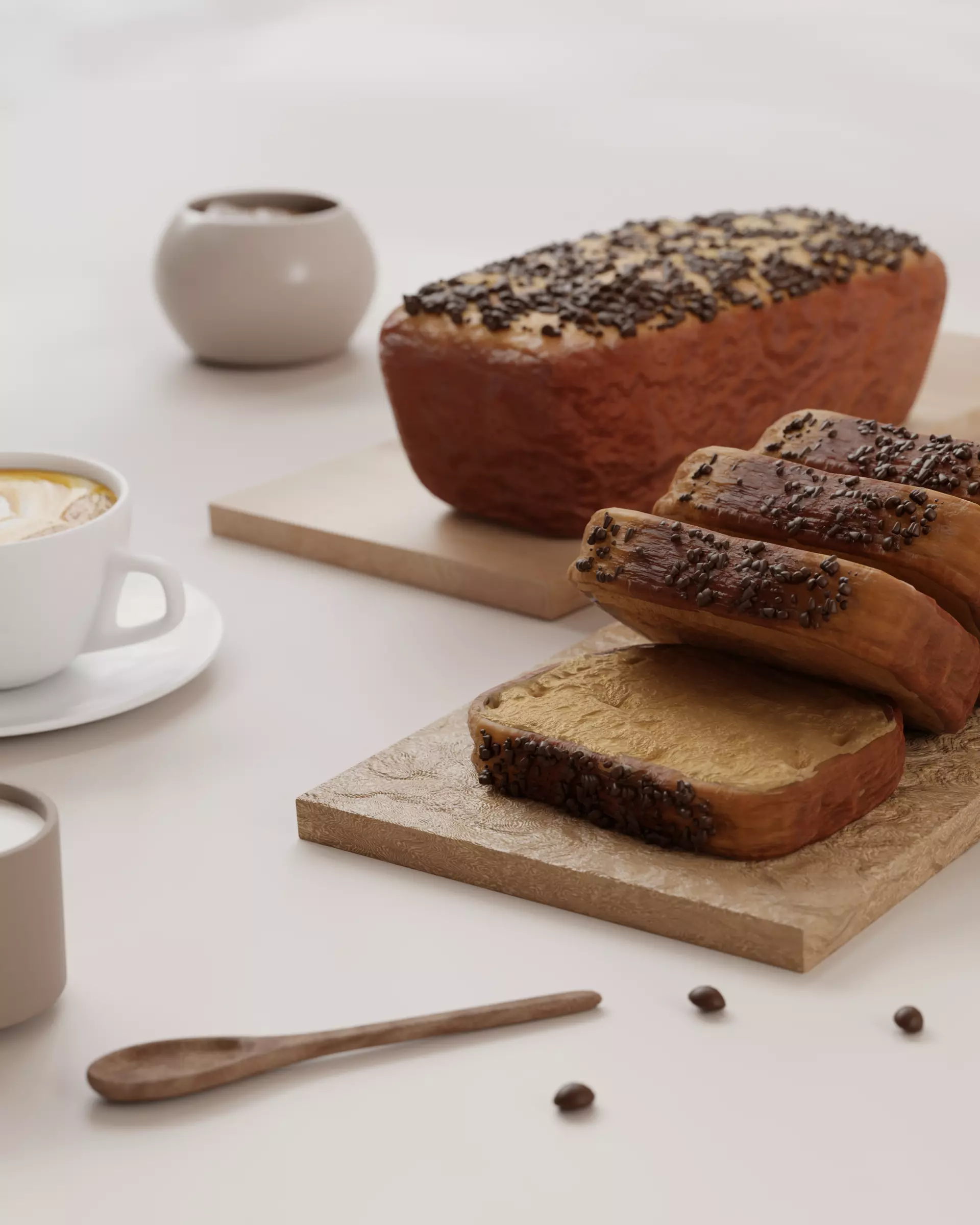 Realistic Chocolate Banana Bread Loaf with Slices  3D model_0