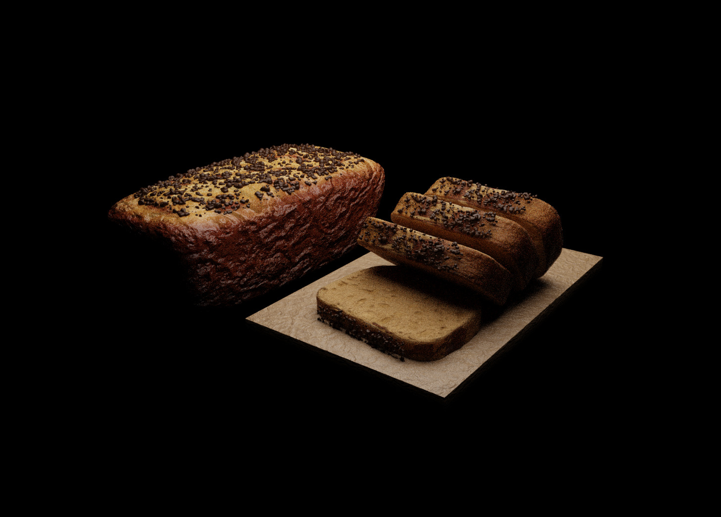 Realistic Chocolate Banana Bread Loaf with Slices  3D model_3