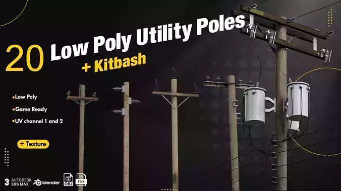 20 Low Poly Utility Poles Low-poly 3D model