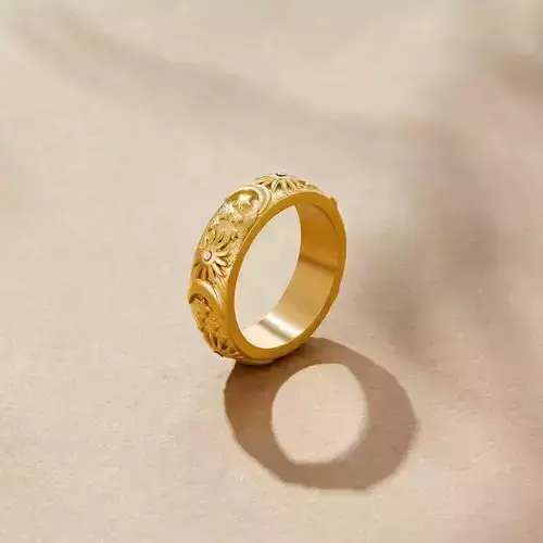 Sun and Floral Engraved Gold Ring  3D Printable Jewelry STL