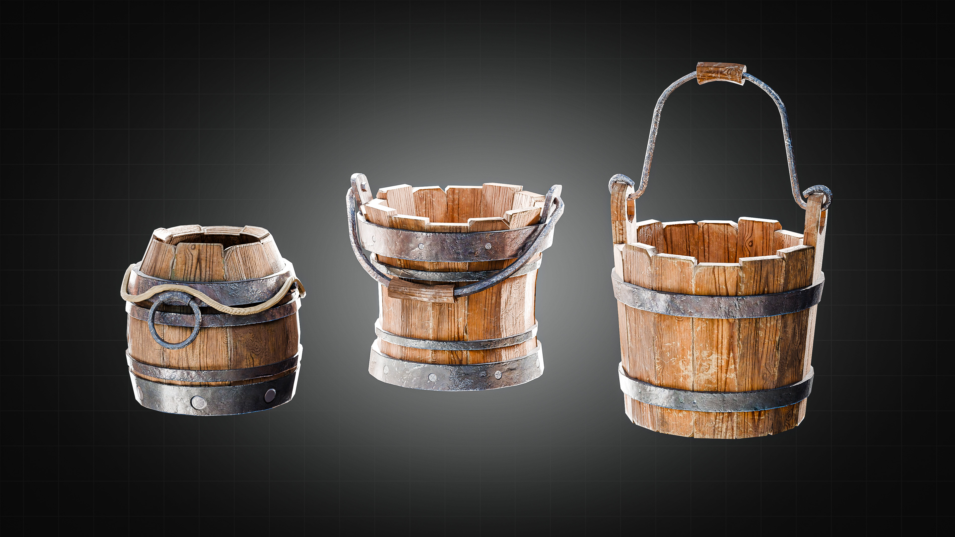 Wooden Buckets Pack Low-poly 3D model_1