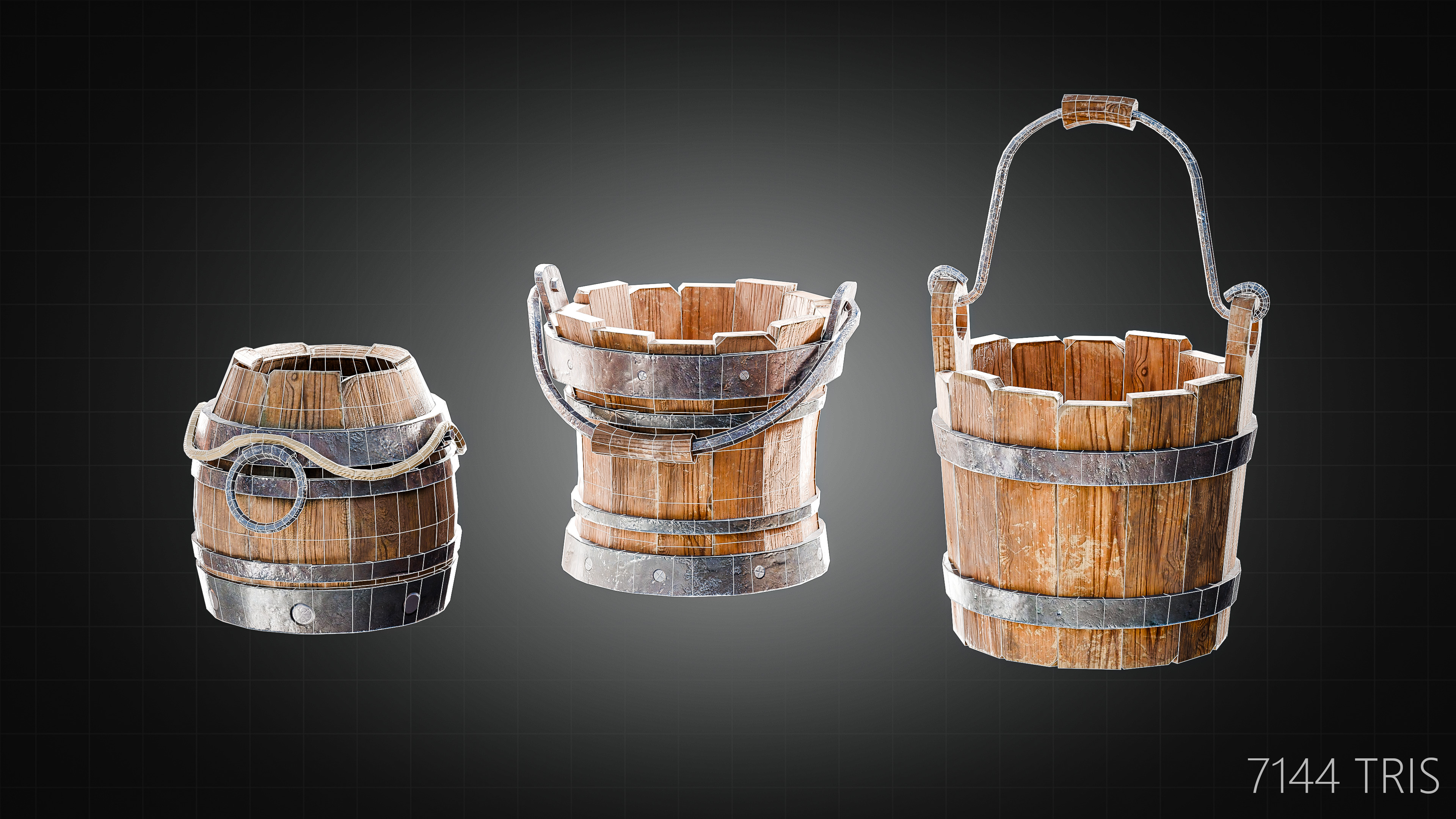 Wooden Buckets Pack Low-poly 3D model_2