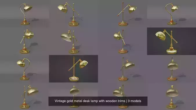 Vintage gold metal desk lamp with wooden trims