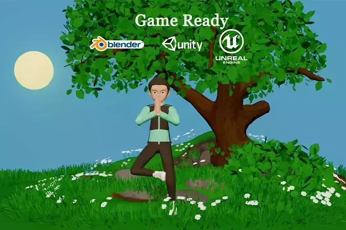 Low Poly Yoga Scene Game Ready  Morning Nature Animation Set Low-poly 3D model