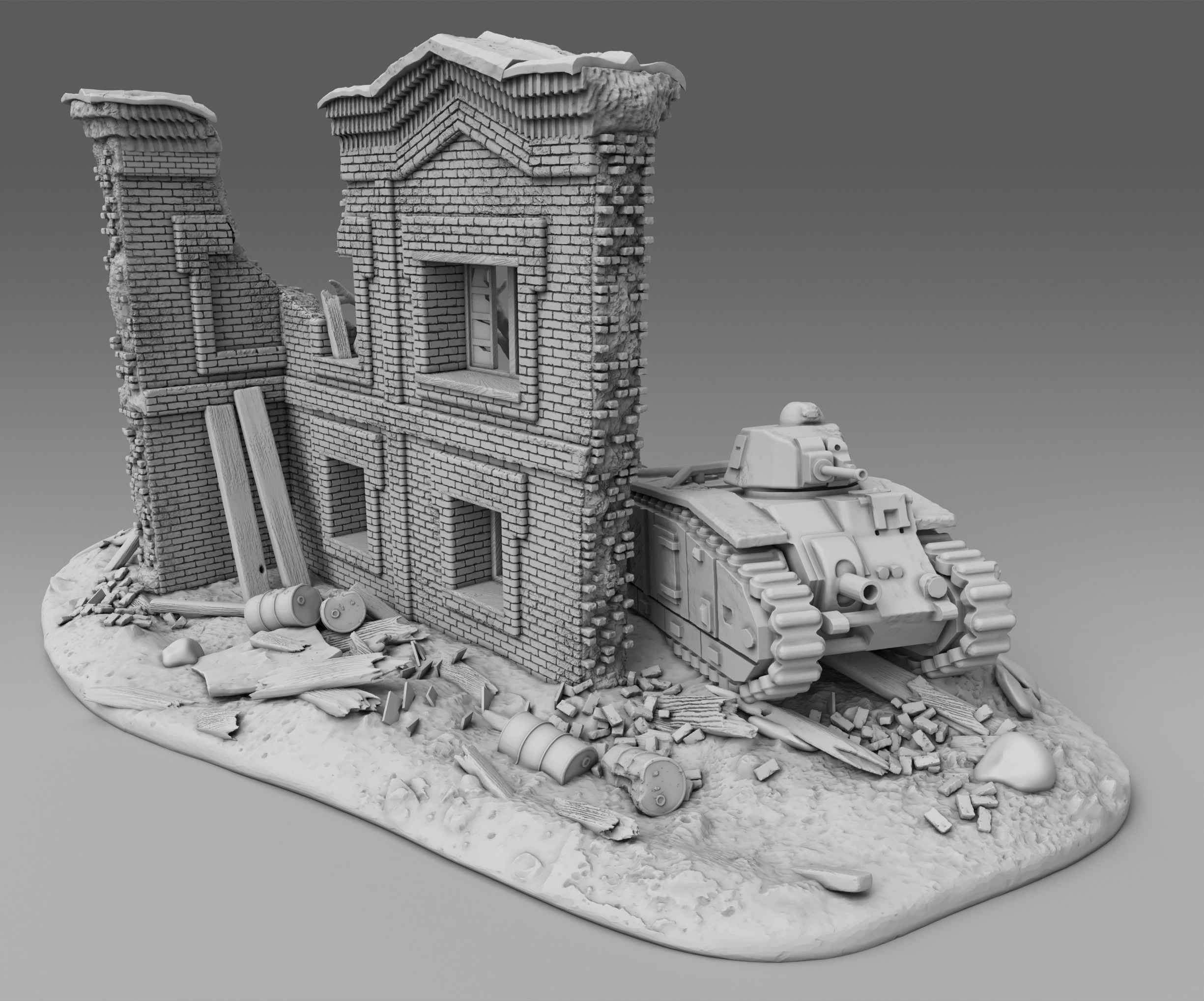 A tank near a destroyed building 3D print model_2